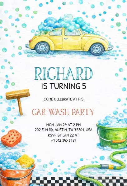 Fun Colorful Car Wash Birthday Celebration Invitation Template