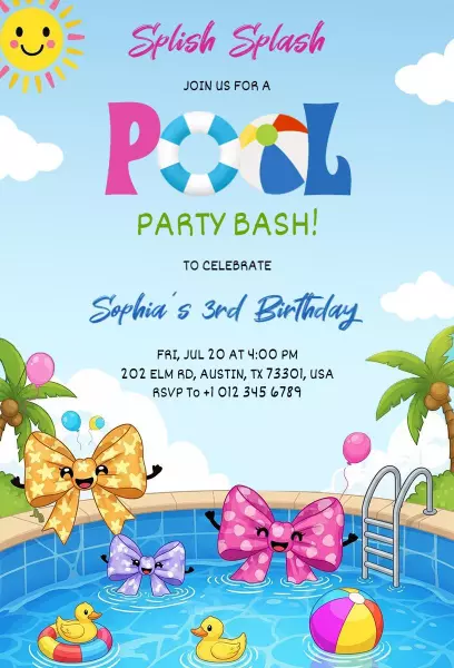 Fun Colorful Pool Party Bash Birthday Invitation Template