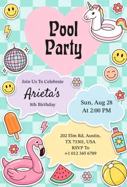 Fun Colorful Pool Party Celebration Birthday Invitation Template