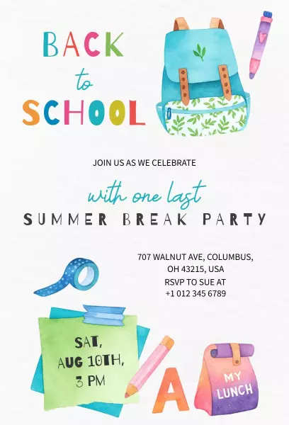 Fun Colorful Summer Break Back To School Invitation Template