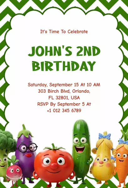 Fun Colorful Vegetable Theme 2nd Birthday Invitation Template