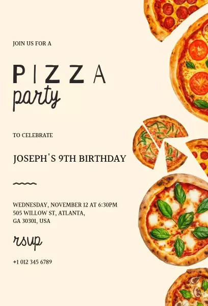 Fun Delicious Pizza Party Birthday Celebration Invitation Template