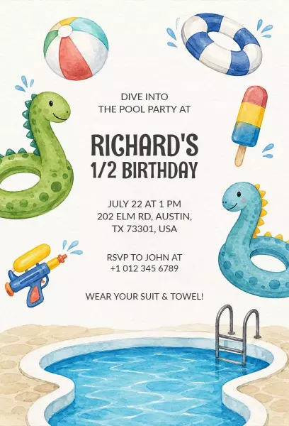 Fun Dinosaur Theme Pool Party Birthday Invitation Template