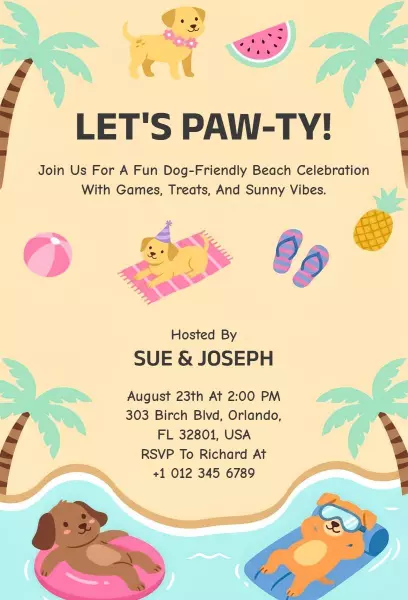 Fun Dog-Friendly Beach Party Celebration Invitation Template