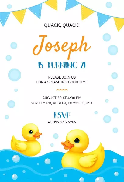 Fun Duck Pond Theme 2nd Birthday Celebration Invitation Template