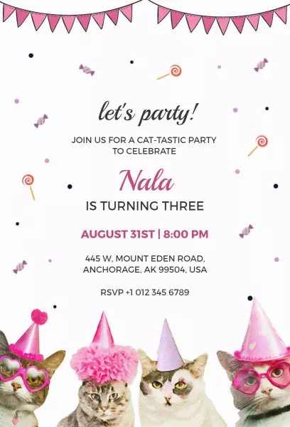 Fun Feline Friends Cat Birthday Celebration Invitation Template