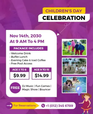 Fun-Filled Purple Children's Day Celebration Event Poster Template