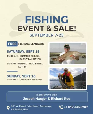 Fun Fishing Event and Seminar Sale Poster Template