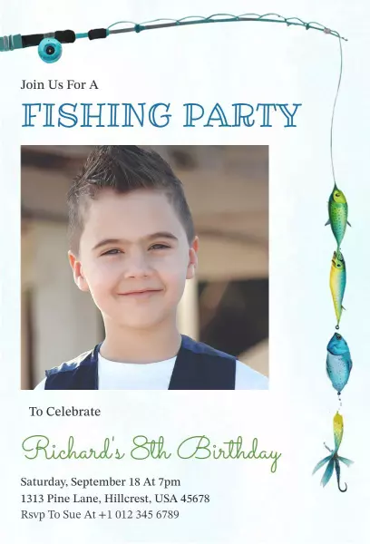 Fun Fishing Theme 8th Birthday Celebration Invitation Template