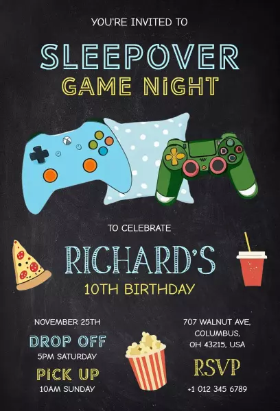 Fun Gaming Sleepover Party Night Invitation Template
