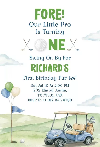 Fun Golf Par-Tee First Birthday Celebration Invitation Template