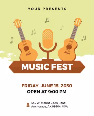 Fun Green Music Festival with Guitars and Microphone Poster Template