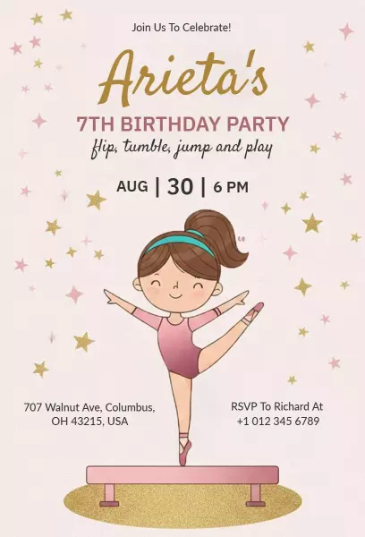 Fun Gymnastics Themed 7th Birthday Celebration Invitation Template