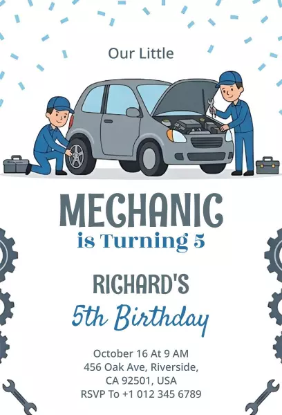 Fun Mechanic Theme Kids Birthday Celebration Invitation Template