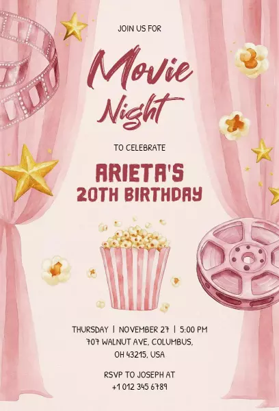 Fun Movie Night Celebration 20th Birthday Invitation Template