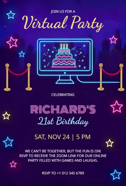 Fun Neon 21st Birthday Virtual Party Invitation Template