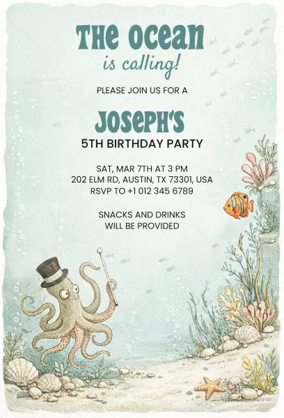 Fun Ocean Adventure 5th Birthday Party Invitation Template