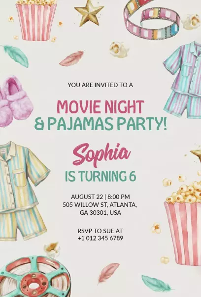 Fun Pajama Party Movie Night Celebration Invitation Template