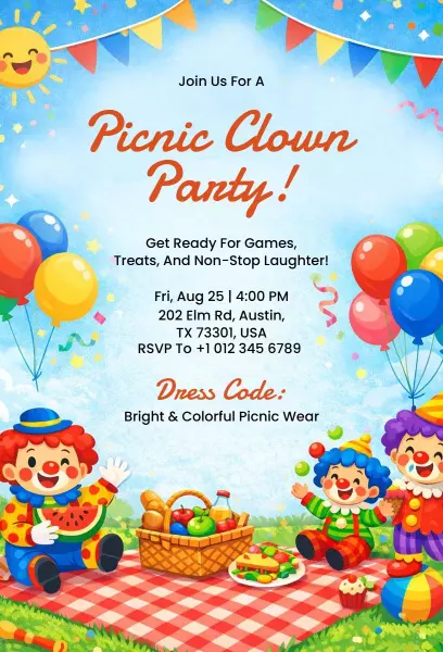 Fun Picnic Clown Party Celebration Invitation Template