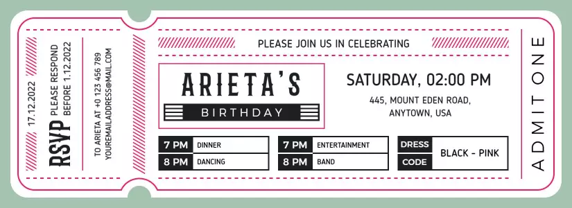 Fun Pink Birthday Celebration Ticket Invitation Template