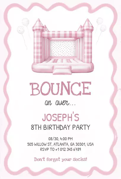 Fun Pink Bouncy Castle 8th Birthday Celebration Invitation Template