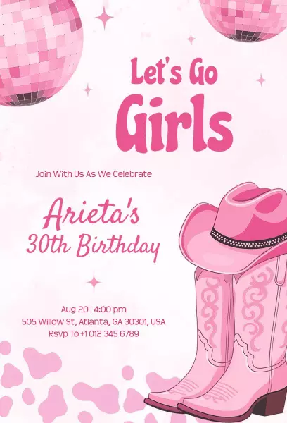 Fun Pink Cowgirl Themed Birthday Celebration Invitation Template