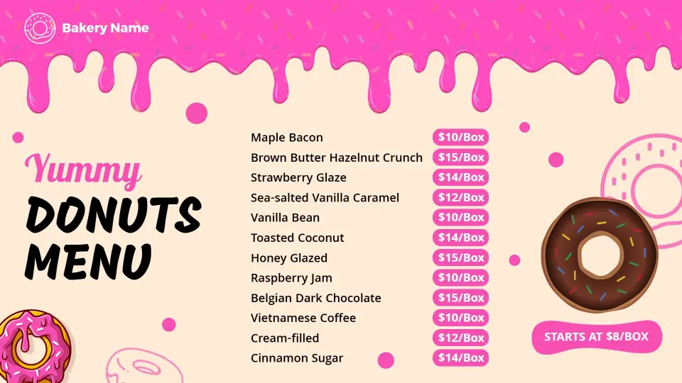 Fun Pink Drip-Themed Bakery Donut Menu Template