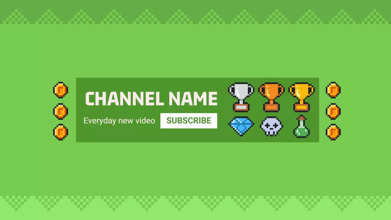 Fun pixel art gaming design with trophies and coins YouTube Banner Template