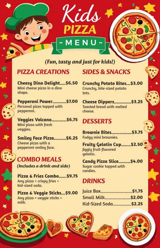 Fun Pizza Creations and Exciting Treats for Kids Menu Template