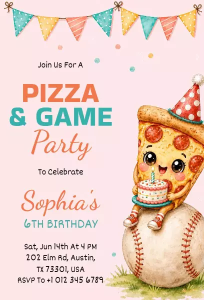 Fun Pizza Game Theme 6th Birthday Celebration Invitation Template