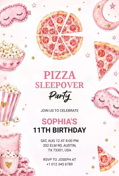Fun Pizza Sleepover Birthday Celebration Invitation Template