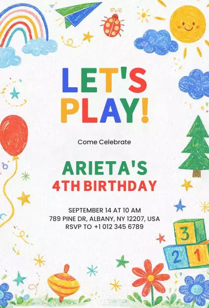 Fun Playful Colorful 4th Birthday Celebration Invitation Template