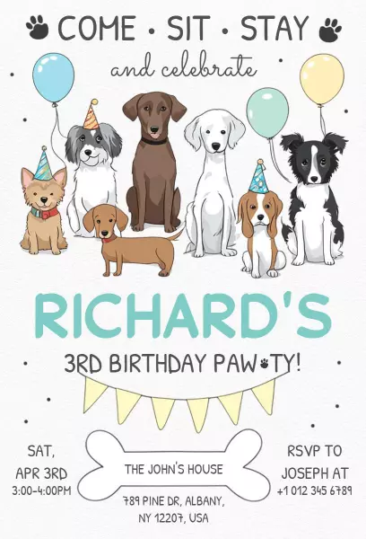 Fun Puppy Themed Dog Birthday Party Celebration Invitation Template