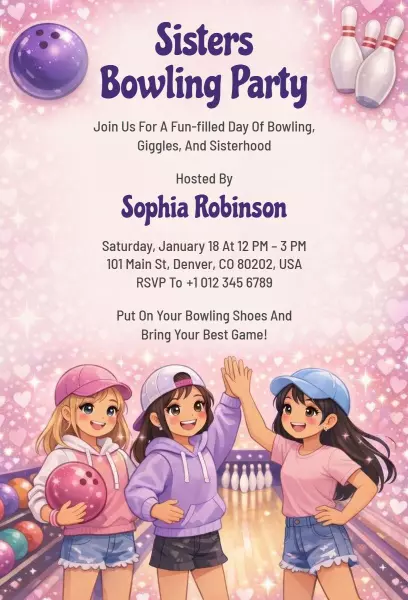 Fun Sisters Bowling Celebration Party Invitation Template