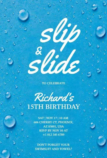 Fun Slip and Slide Water Themed Birthday Celebration Invitation Template