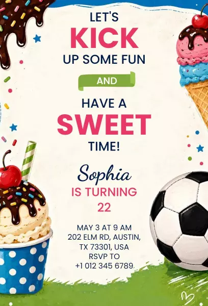 Fun Soccer Themed Sweet 22nd Birthday Celebration Invitation Template