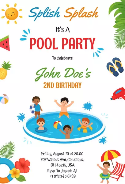Fun Splish Splash Pool Party 2nd Birthday Invitation Template
