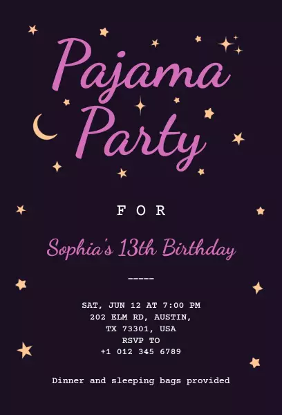 Fun Starry Night 13th Birthday Pajama Party Invitation Template