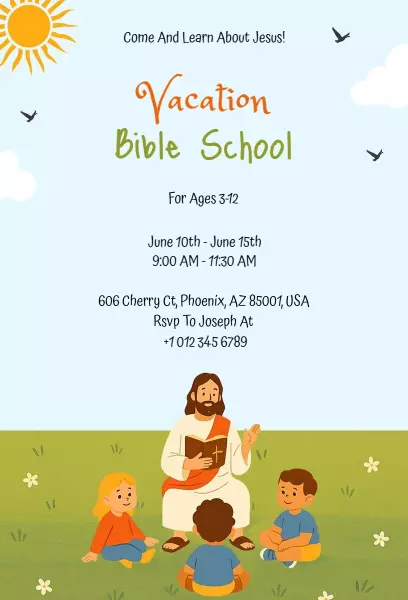 Fun Summer Vacation Bible School Learning Invitation Template