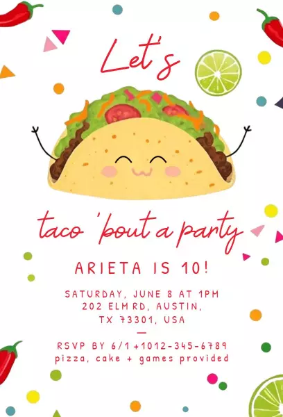 Fun Taco Party Colorful 10th Birthday Celebration Invitation Template