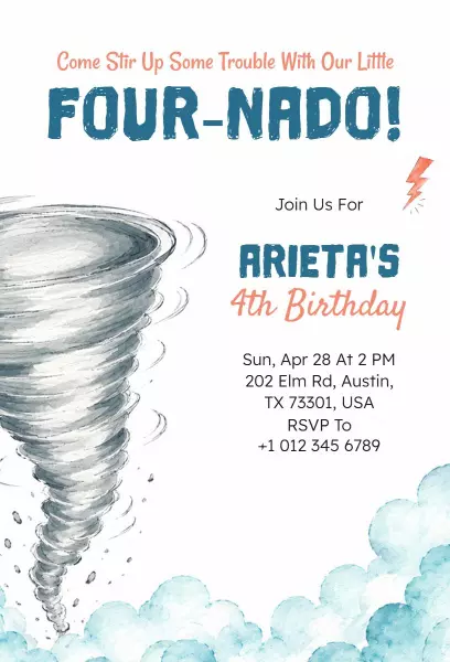Fun Tornado Theme 4th Birthday Celebration Invitation Template