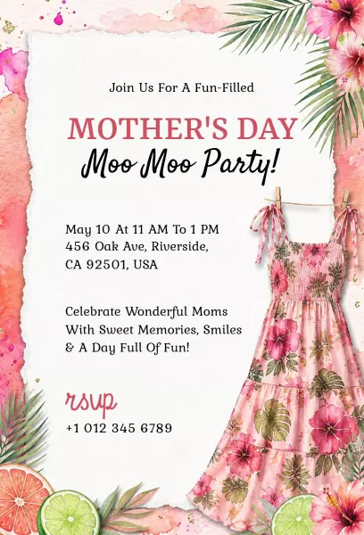 Fun Tropical Moo Moo Party Mother's Day Invitation Template