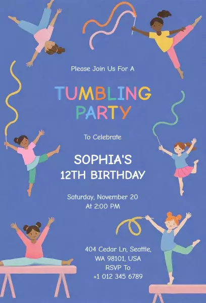 Fun Tumbling Adventure Gymnastics Birthday Invitation Template