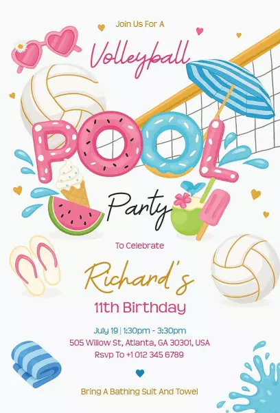 Fun Volleyball Themed Pool Party Invitation Template