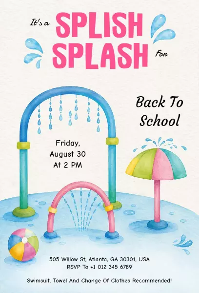 Fun Water Splash Back To School Celebration Invitation Template
