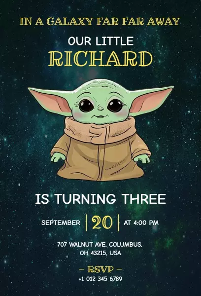 Galactic Baby Yoda Adventure Third Birthday Invitation Template