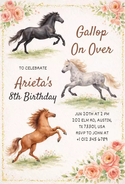 Galloping Horses Fun Horse Birthday Celebration Invitation Template