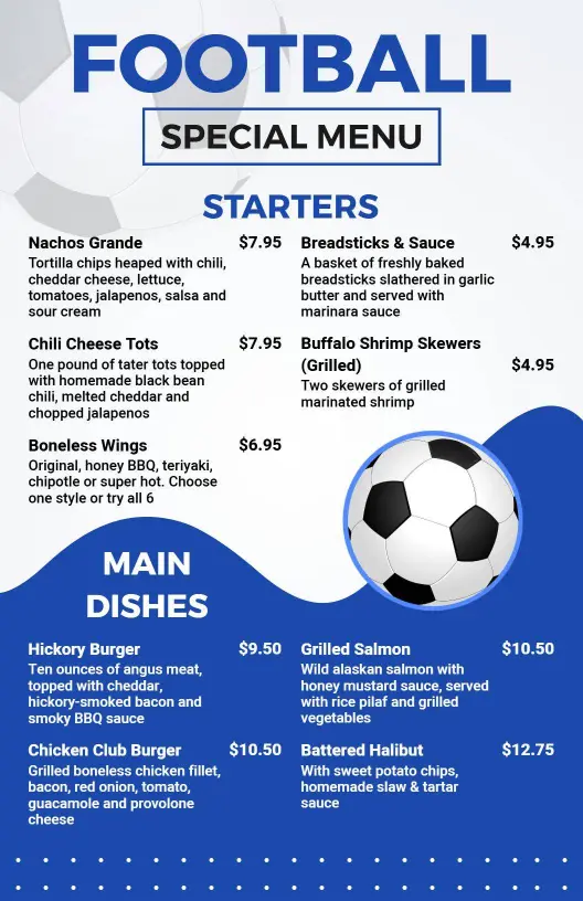 Game Day Blue and White Football Themed Special Menu Template