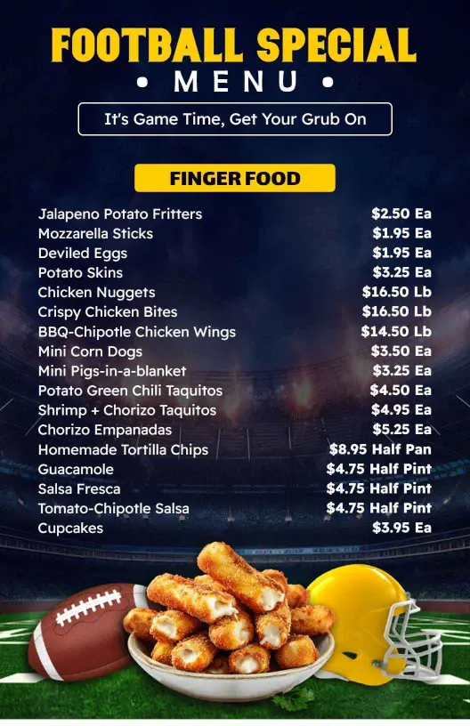 Game Night Dark Blue Football Snack Specials Menu Template
