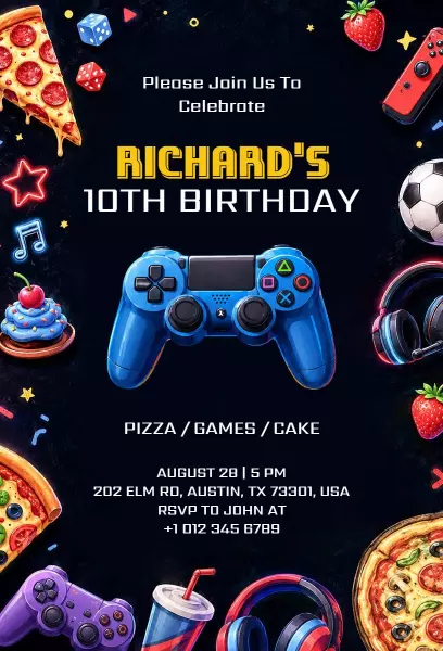 Gaming-Themed 10th Birthday Celebration Invitation Template